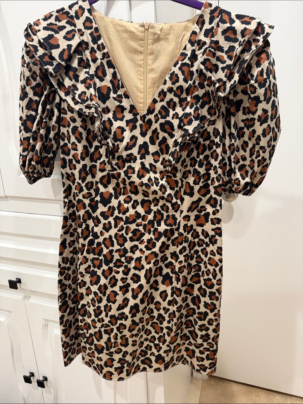 Leopard Print V-Neck Mini Dress with Puff Sleeves - Brown/Black